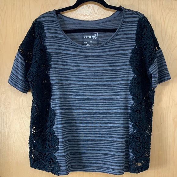 Free People Battenburg Lace Striped Tee Grey - Picture 2 of 13
